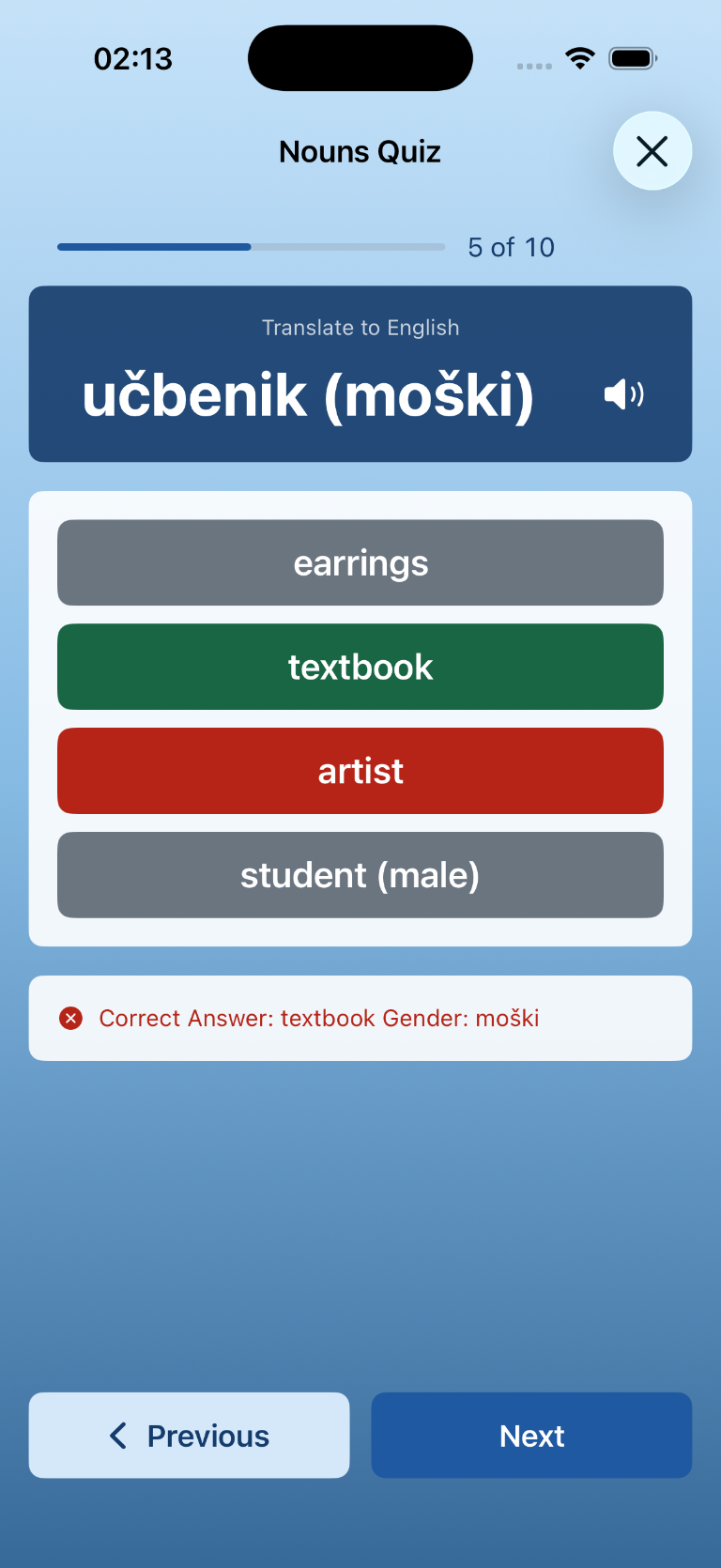 Nouns quiz marking artist as incorrect and showing textbook as the correct translation of učbenik